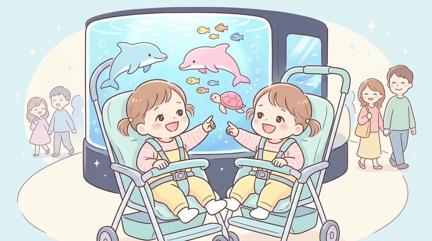 鳥羽水族館の館内でベビーカーに乗った1歳児が水槽を見上げて笑っている様子