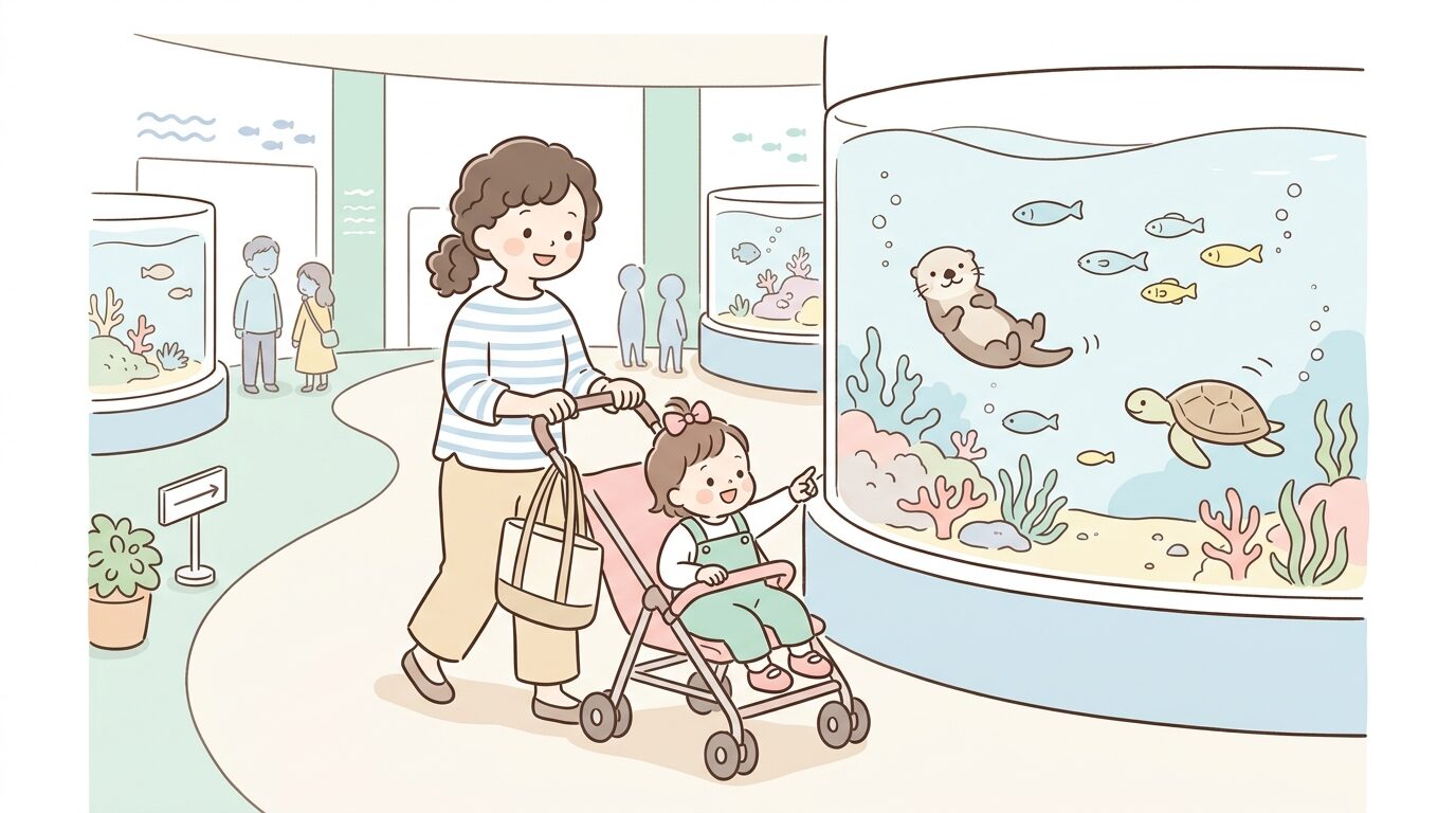 平日の空いた時間帯に親子でベビーカーを押しながら水族館を歩く様子