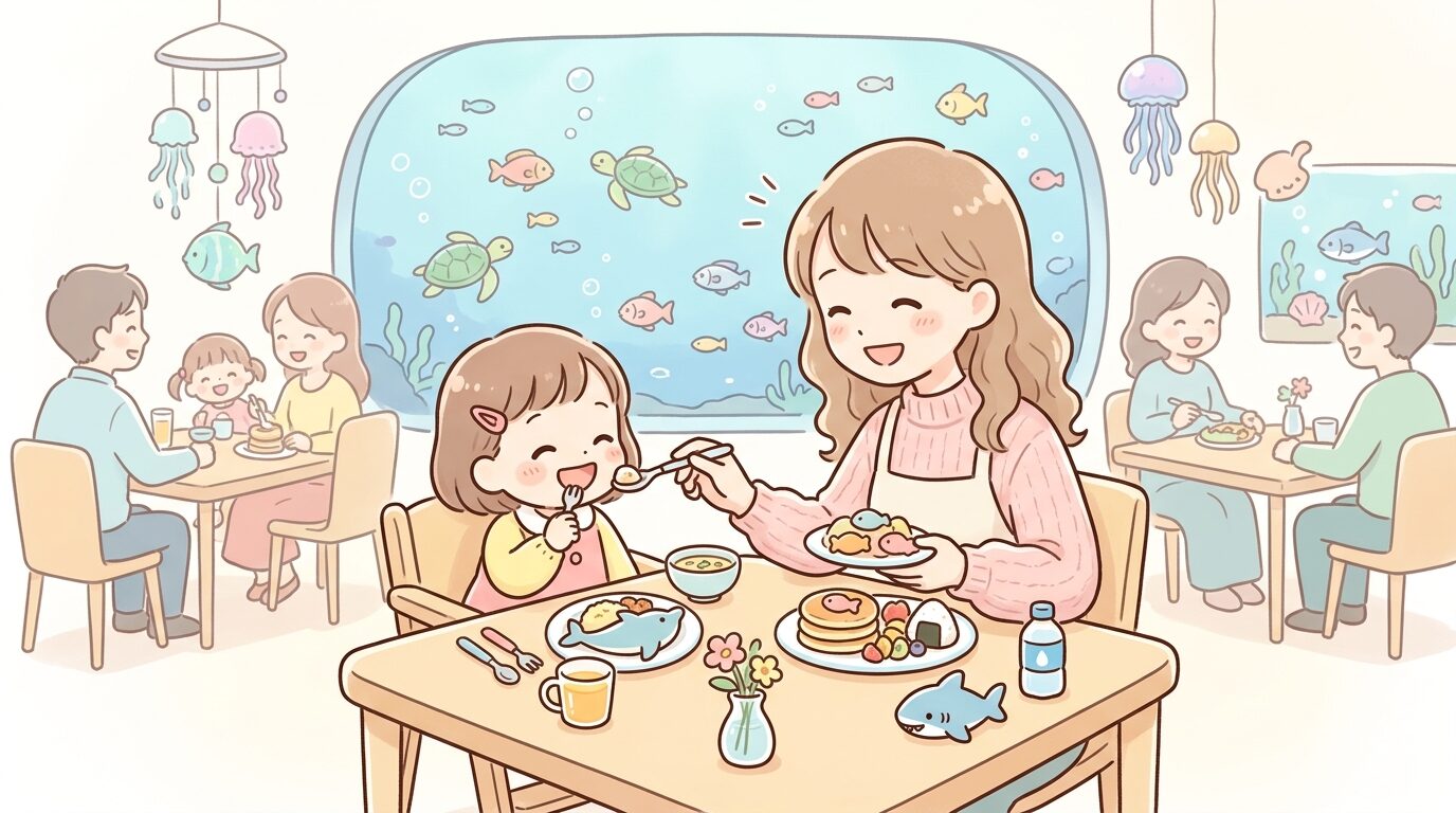 水族館内のレストランで親子が一緒に食事を楽しむ温かい雰囲気の一場面