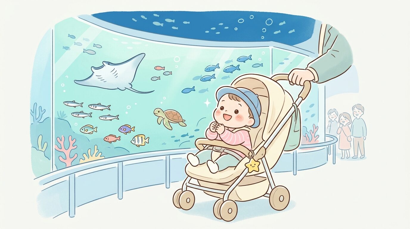 巨大な外洋大水槽の前でベビーカーに乗った赤ちゃんが目を輝かせながら魚を見つめている様子