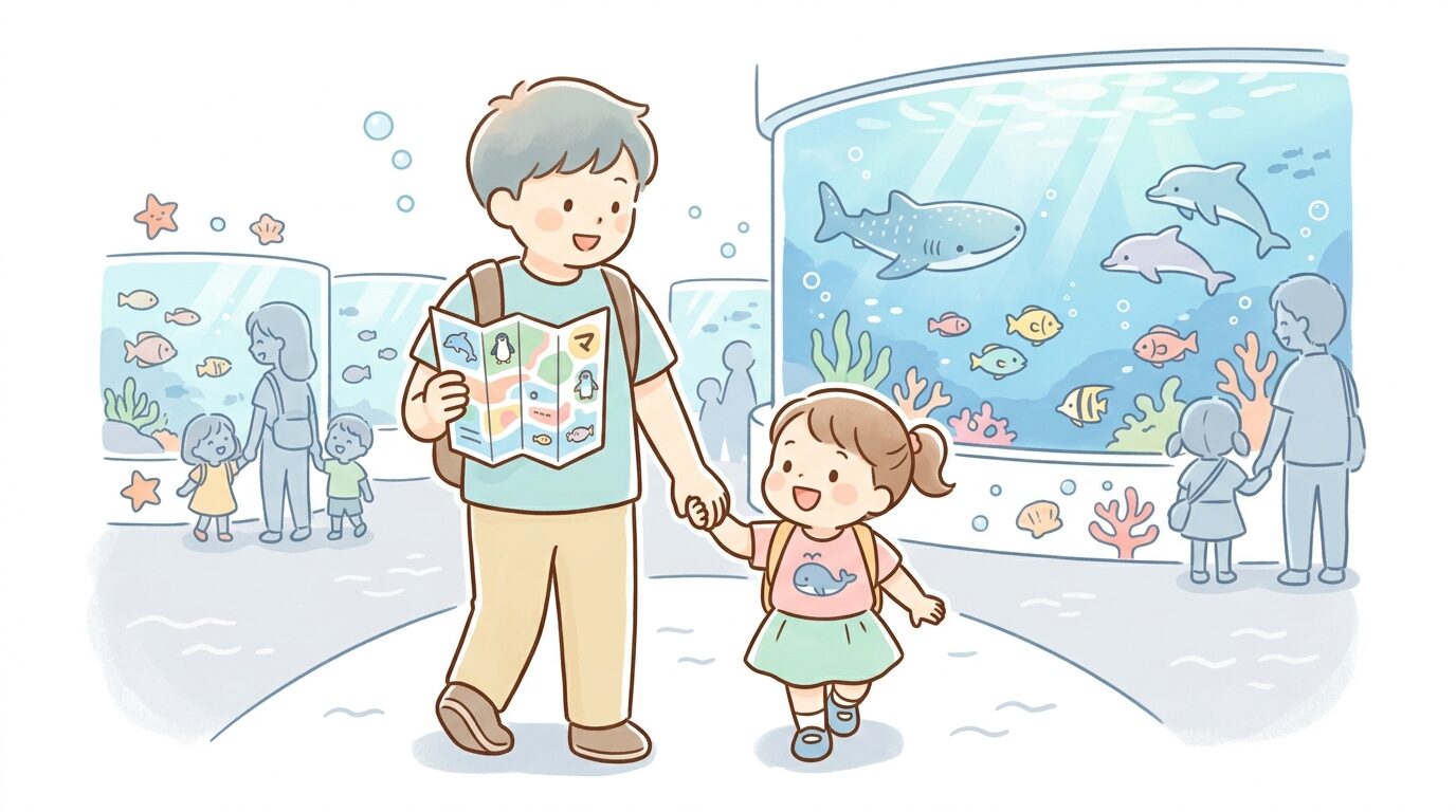 水族館の館内マップを片手に持ちながら子どもと一緒に歩く父親の後ろ姿