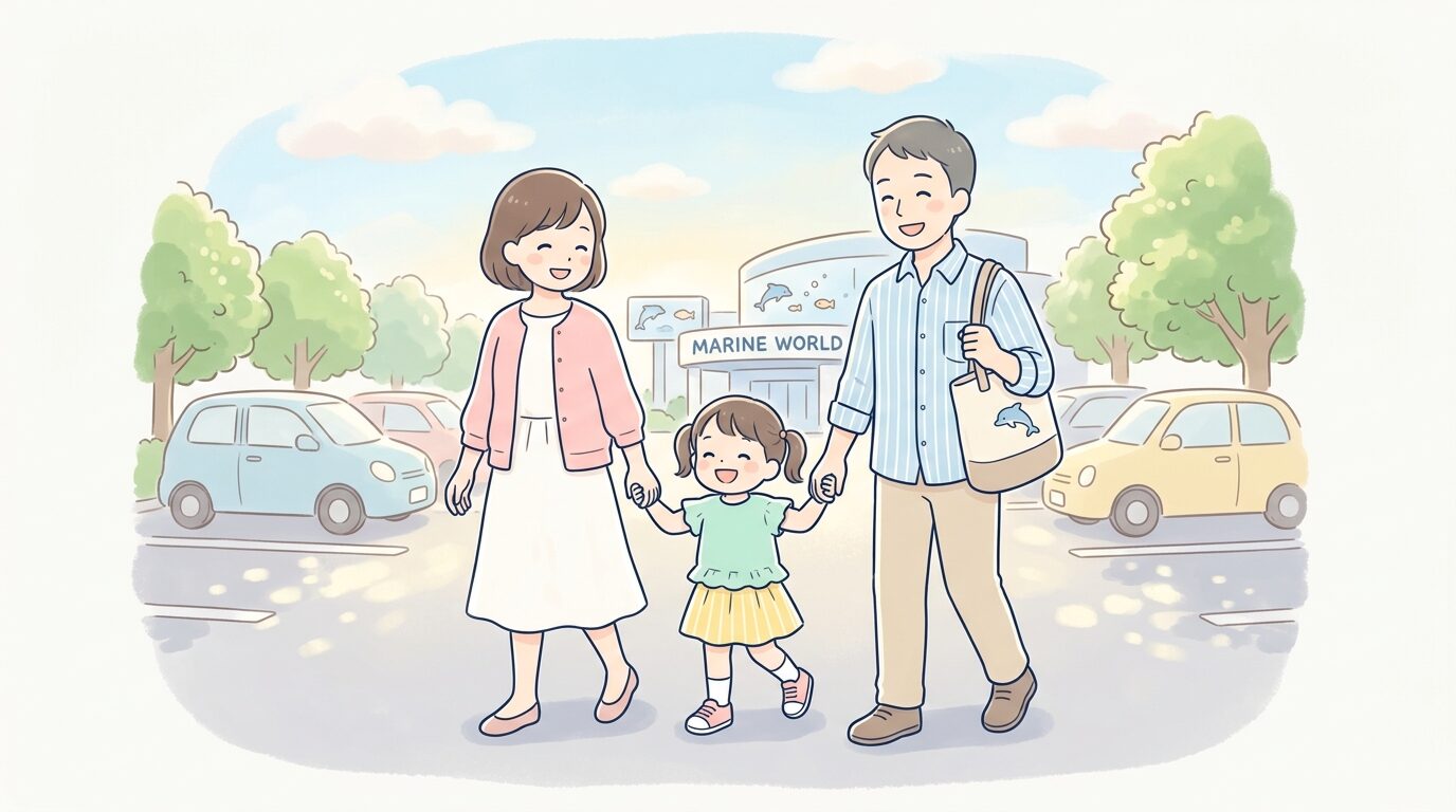 朝のやわらかい光が差し込む駐車場で、子どもの手を引きながら水族館へ向かう家族の様子