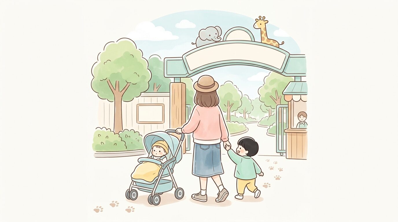 ベビーカーを押しながら天王寺動物園の入口ゲートを歩く親子連れの後ろ姿