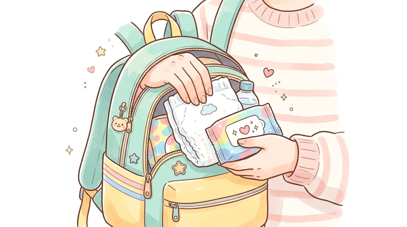 リュックサックからおむつやおしりふきを取り出す親の手元アップ