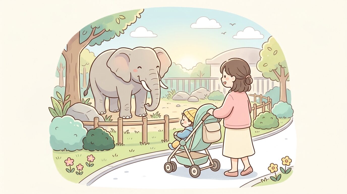 王子動物園の園内でベビーカーを押しながら象を見つめる若い母親と1歳児の後ろ姿