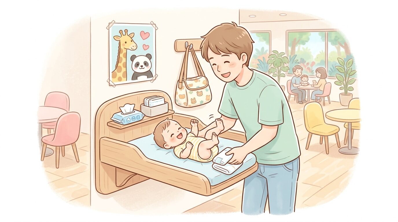 動物科学資料館の休憩ホールでおむつ替え台を利用する父親と赤ちゃん