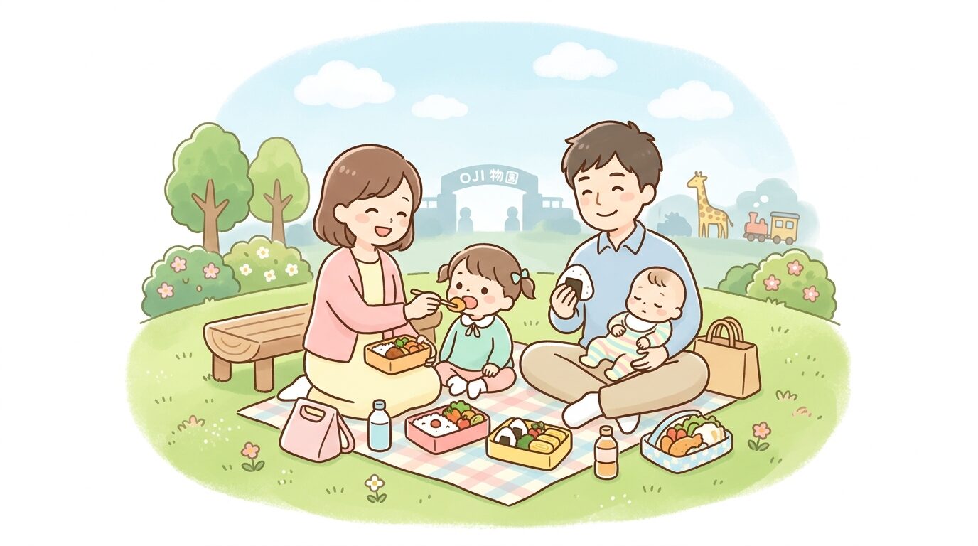 芝生広場のベンチでお弁当を広げて食事をする家族連れと幼児