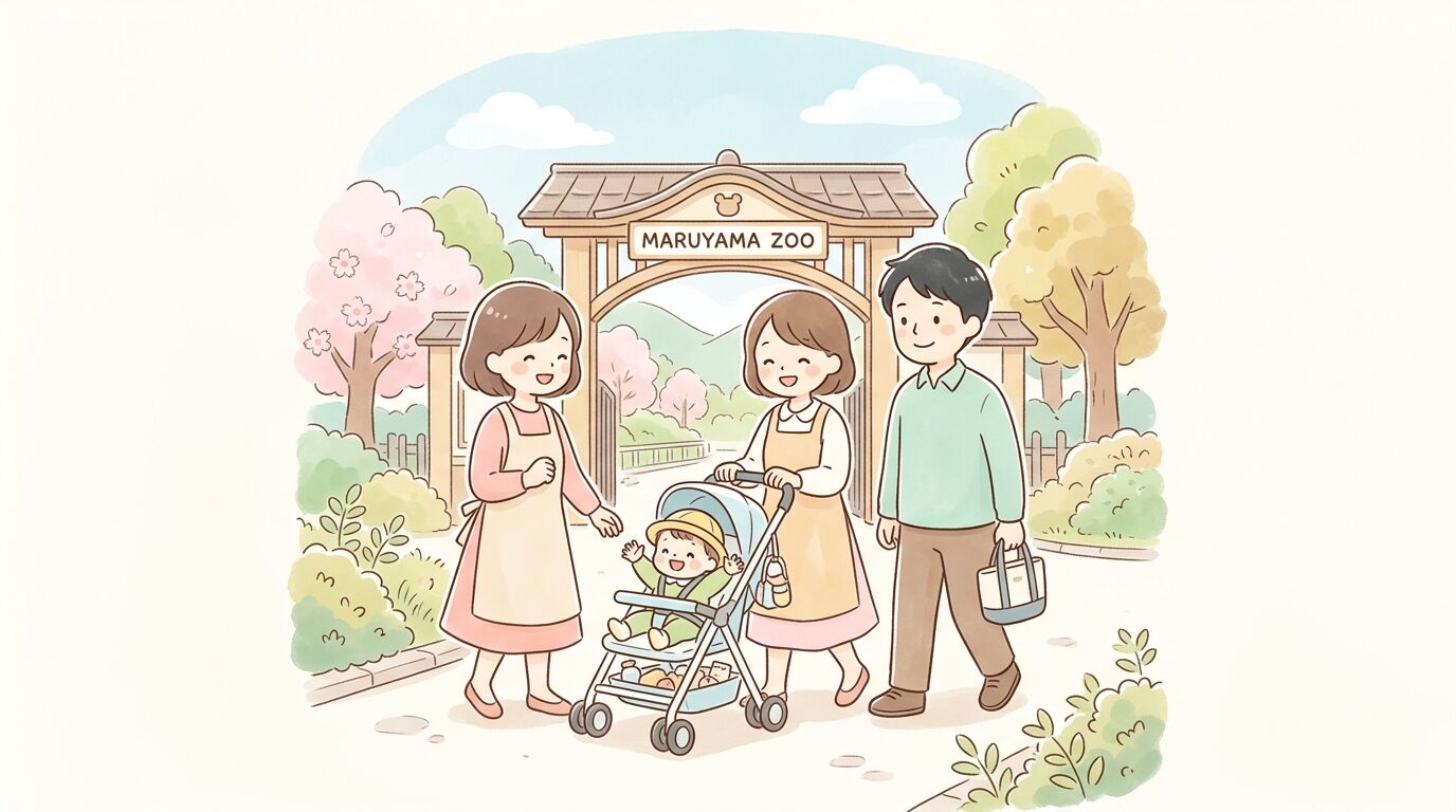 円山動物園の入口付近でベビーカーを押す若い夫婦と小さな子ども