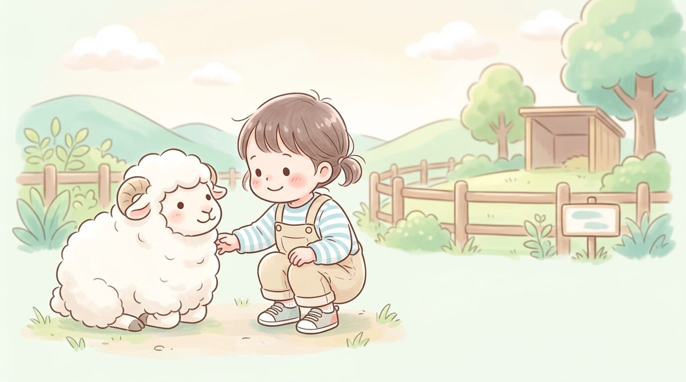 こども動物園でヒツジにそっと手を伸ばす2歳くらいの子ども
