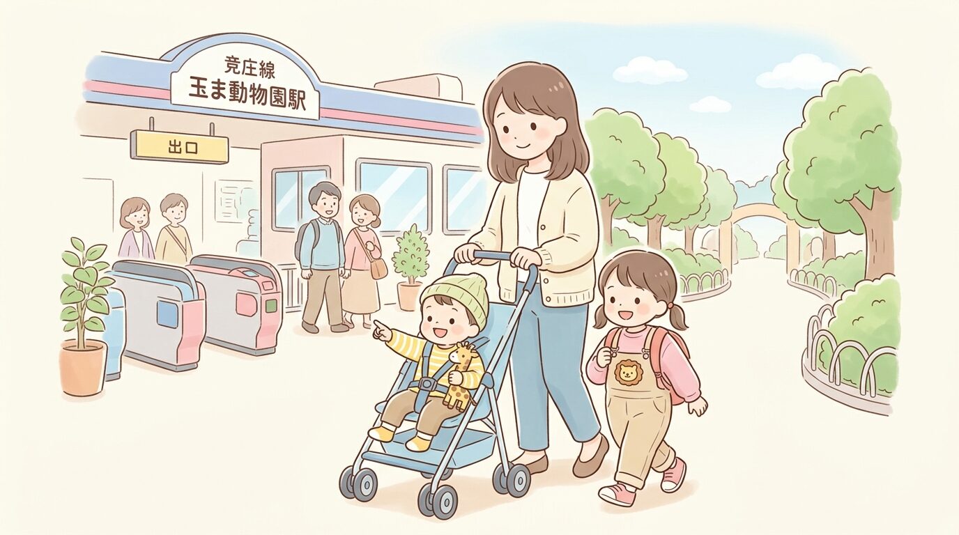 京王線多摩動物公園駅の改札を出て、ベビーカーを押しながら親子で歩く様子