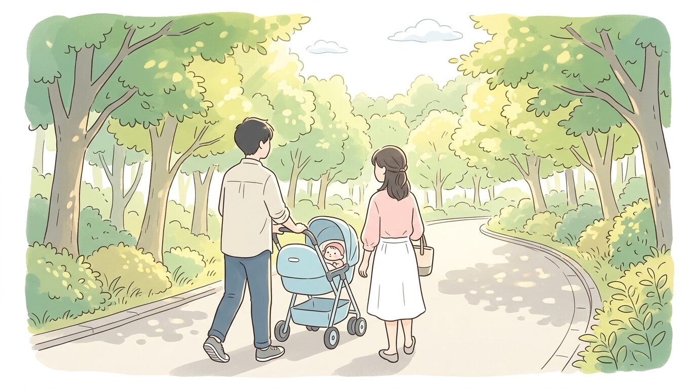 東山動植物園の広い園内をベビーカーを押しながら歩く若い夫婦と赤ちゃんの後ろ姿、木漏れ日が差す遊歩道