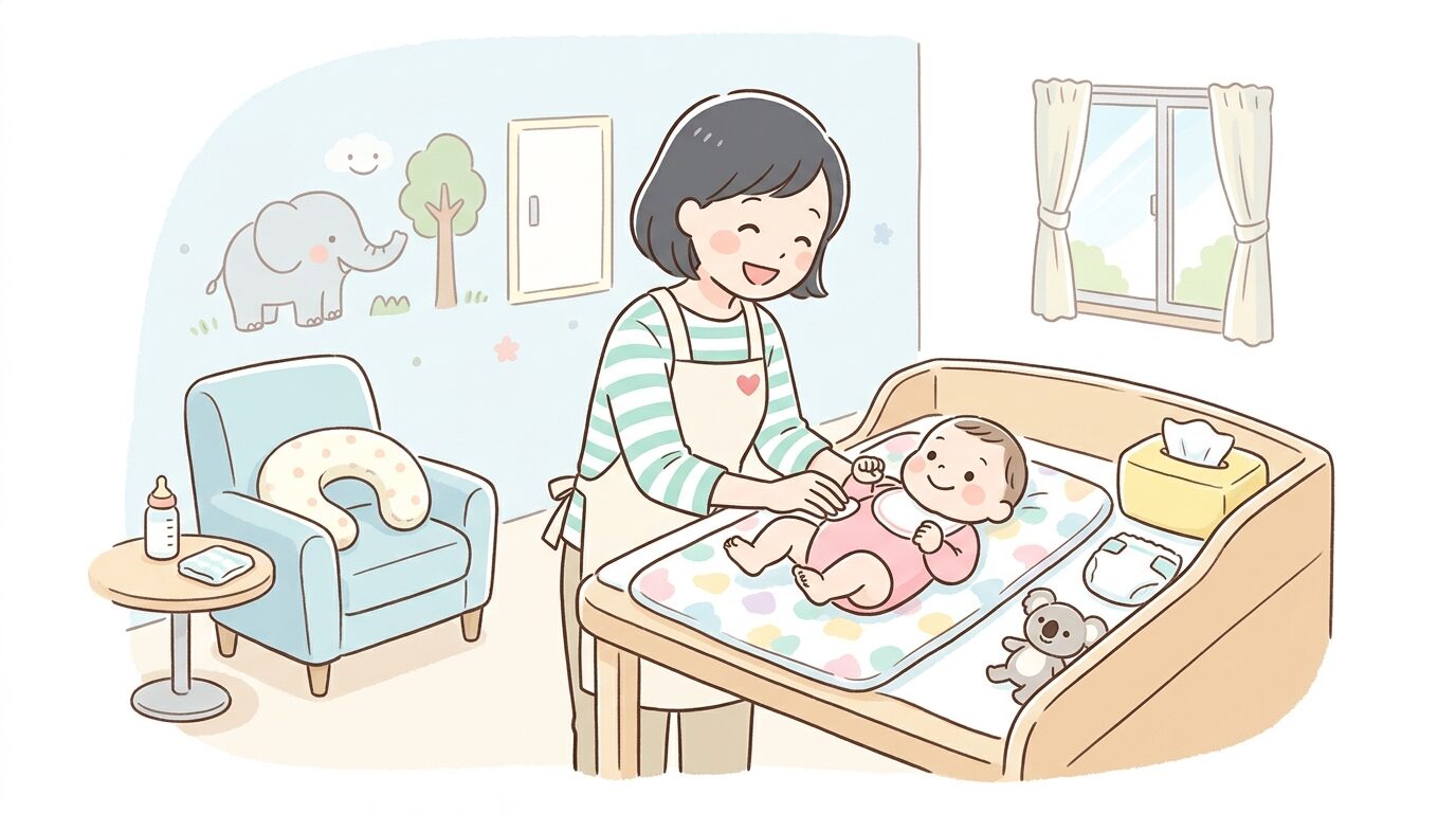 清潔な授乳室でおむつ替え台を使う母親と生後半年ほどの赤ちゃん、明るく穏やかな室内