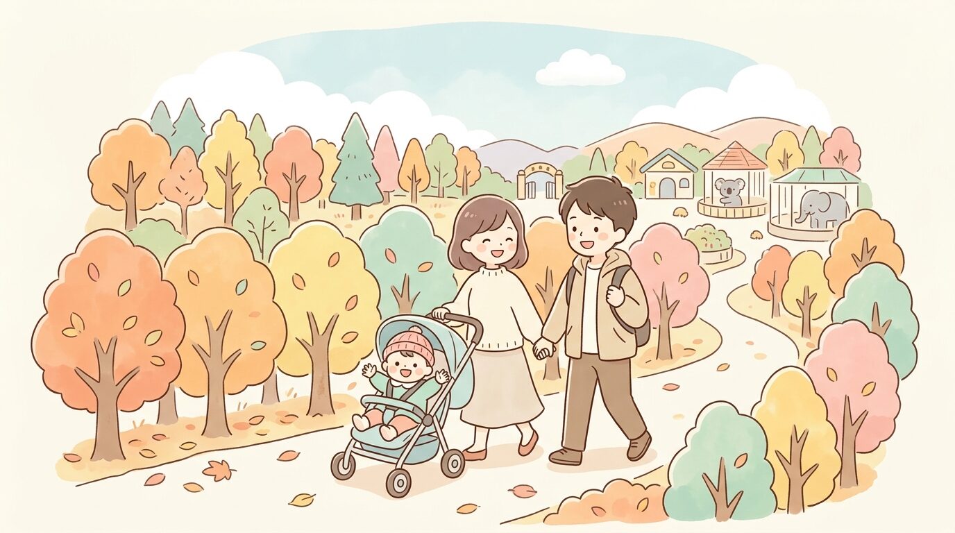 秋の紅葉の中、ベビーカーに乗った1歳くらいの子どもと笑顔で歩く両親、園内の並木道