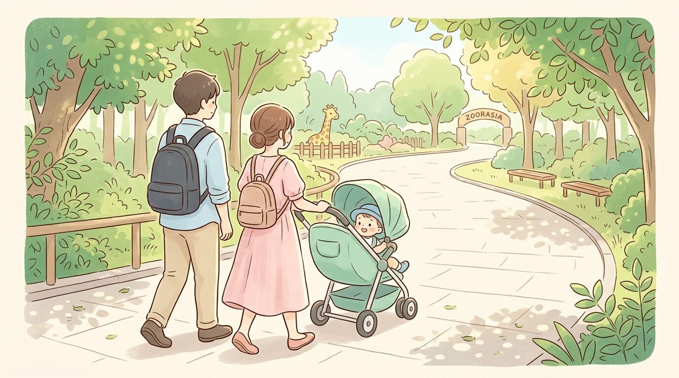 動物園の広い園路をベビーカーを押しながら歩く若い夫婦と幼児の後ろ姿、木漏れ日が差し込む明るい雰囲気