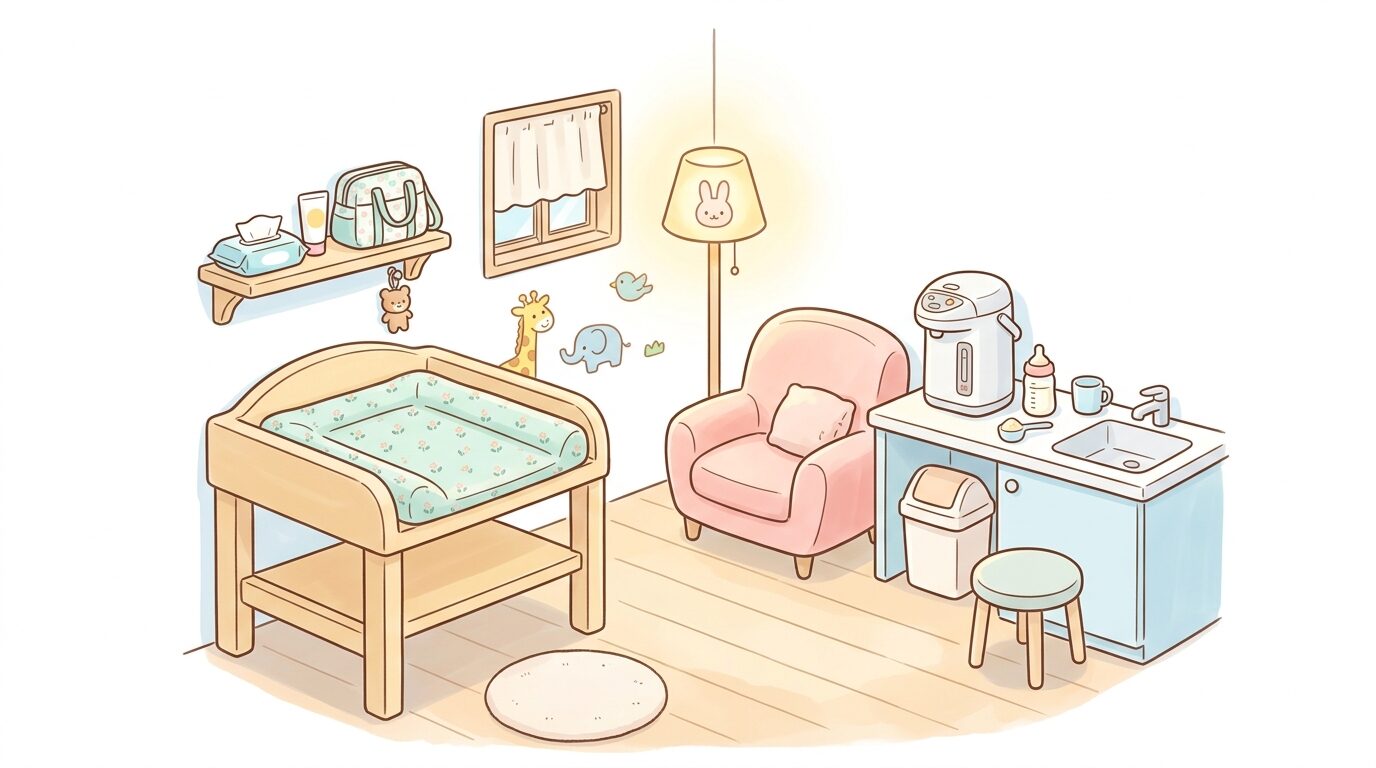 授乳室でミルクを作るお湯のポットとおむつ替え台が設置された清潔な室内、やわらかい照明の様子