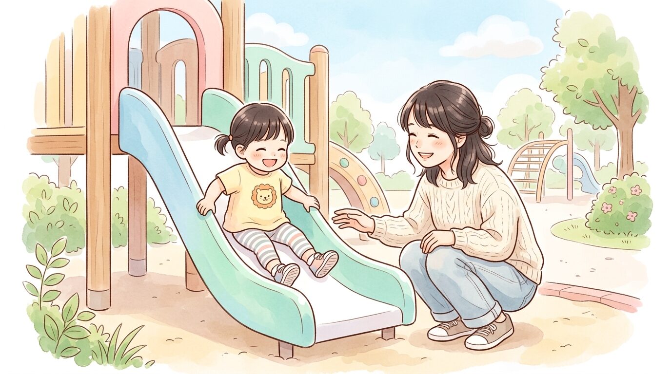 遊具広場で滑り台に挑戦する2歳くらいの子どもと、隣で優しく見守る母親の温かい様子