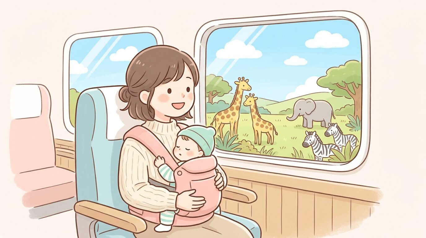 抱っこ紐で赤ちゃんを抱いた母親がケニア号の車窓から動物を眺める様子