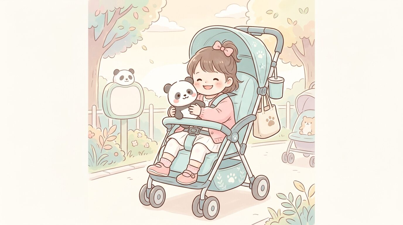 動物のぬいぐるみを抱いた幼児がベビーカーに座って笑顔を見せている場面