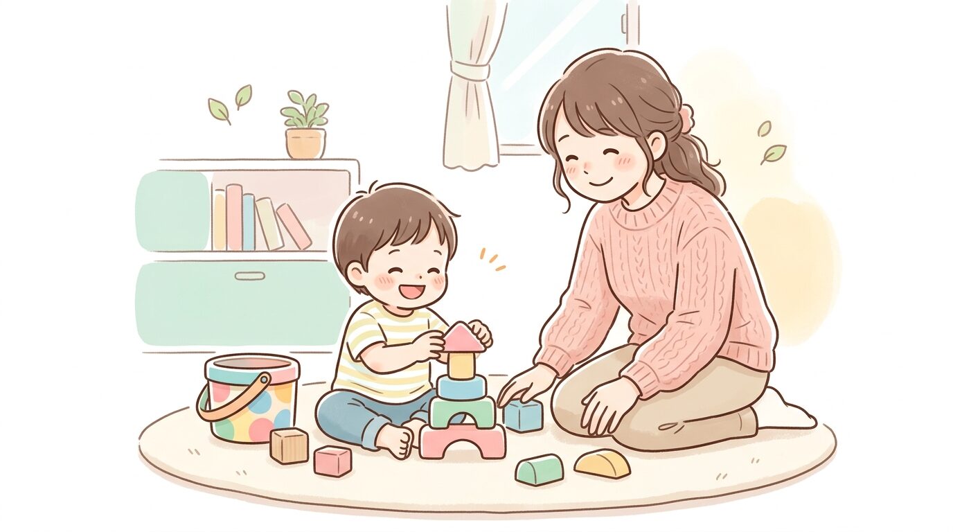 積み木で遊びながら笑顔を見せる2歳くらいの子どもとそばで見守る母親