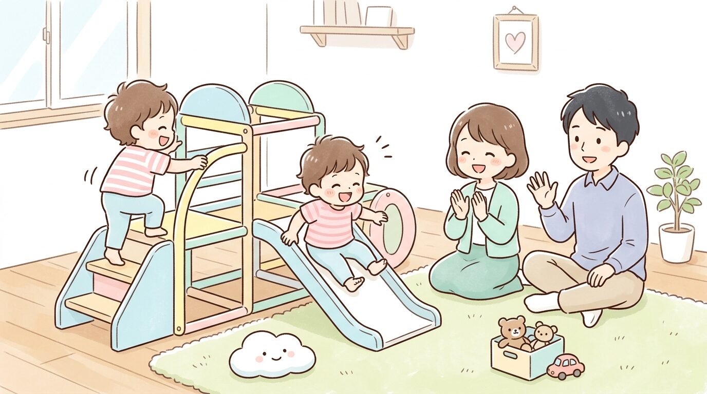 室内用のジャングルジムで元気に遊ぶ2歳児と見守る家族の様子