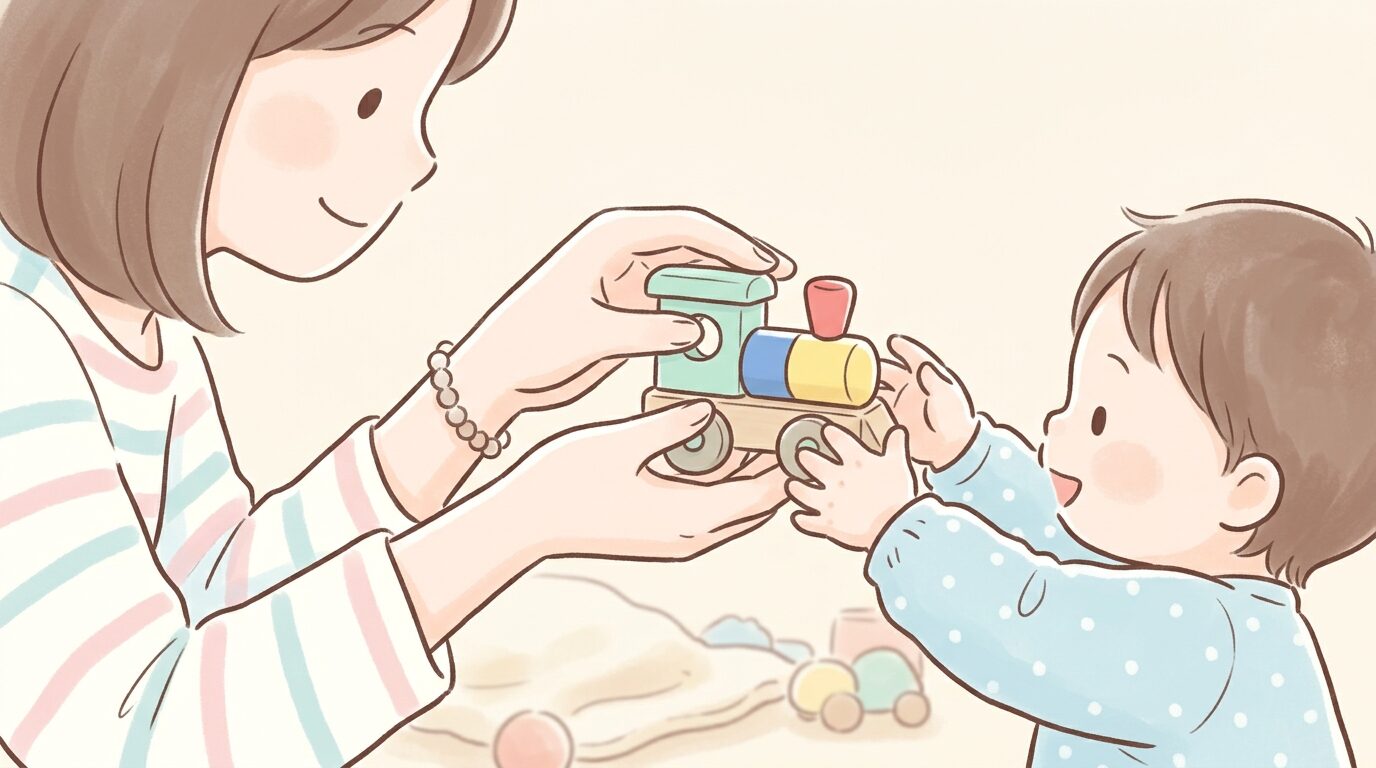 おもちゃの安全性を確認しながら子どもに手渡す親の手元アップ