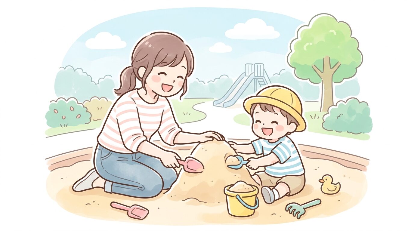 公園の砂場で親子が一緒に山を作って笑い合っている様子