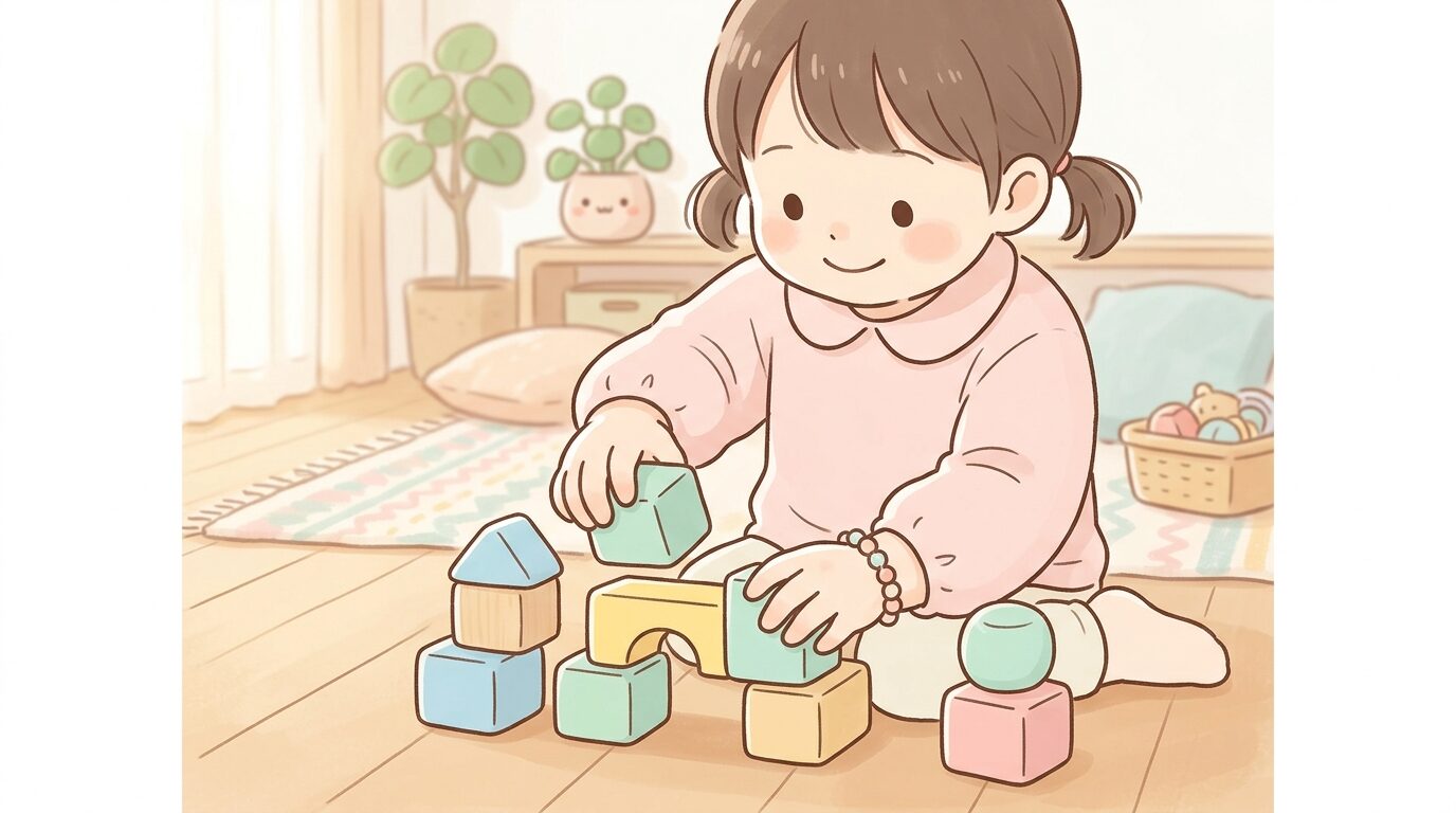 リビングでブロックおもちゃを楽しそうに組み立てる3歳くらいの子どもの手元、柔らかい自然光が差し込む温かい雰囲気