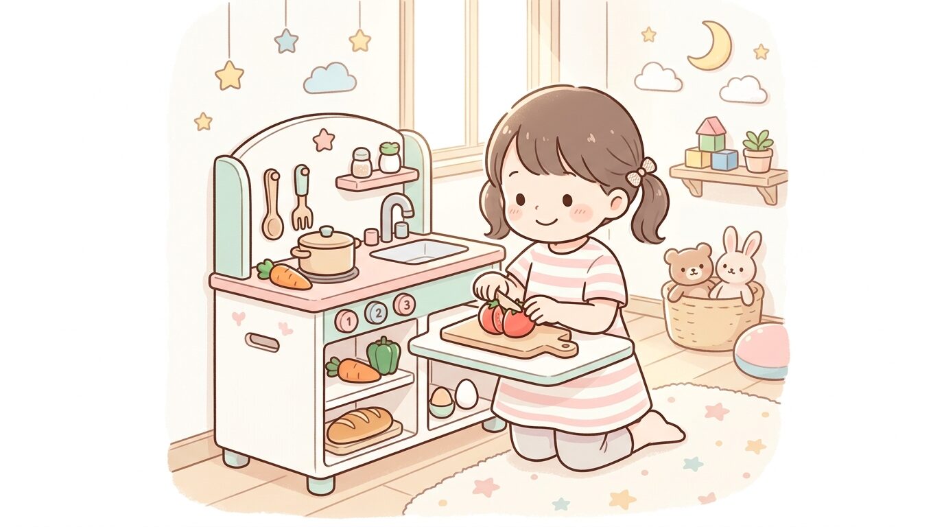 おままごとキッチンで木製の野菜を切って遊ぶ3歳くらいの女の子、明るいキッズルームの雰囲気