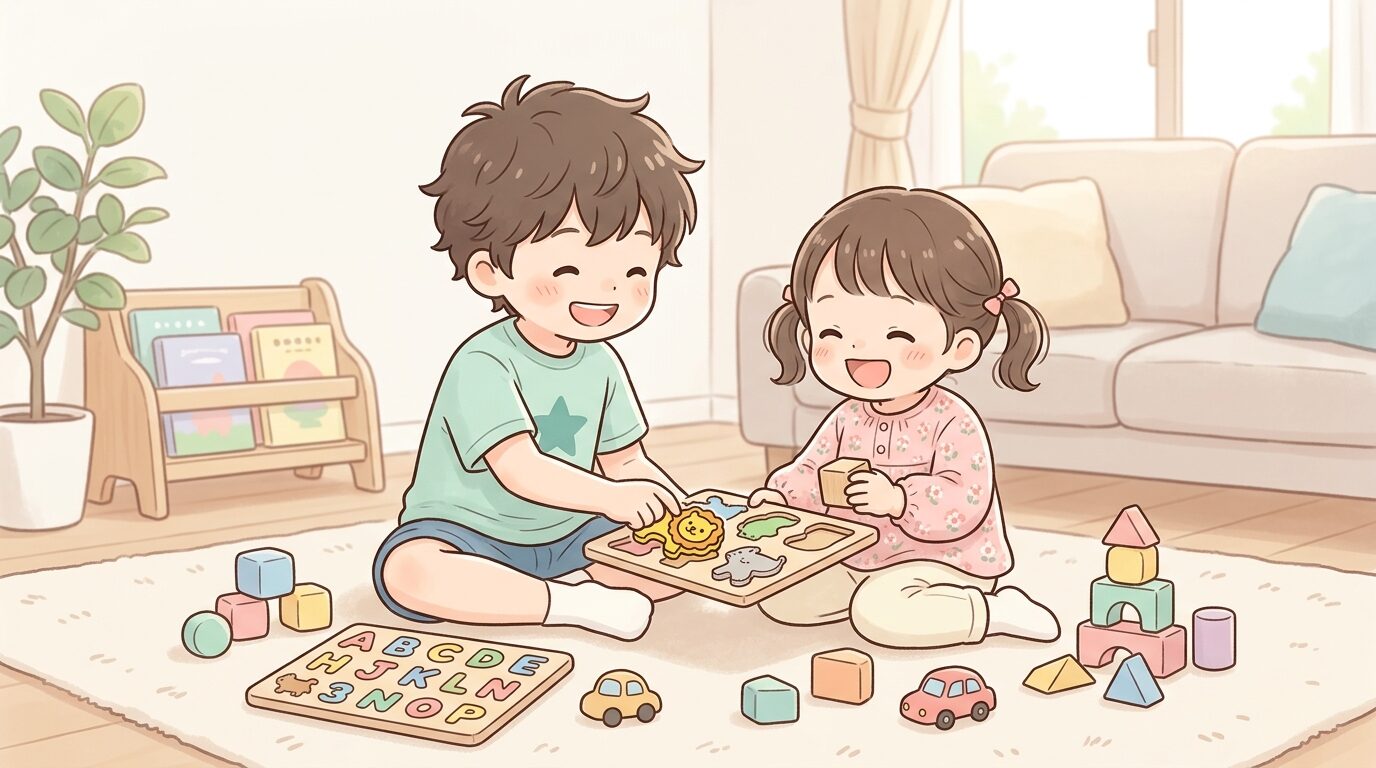 兄弟で仲良くパズルや積み木を囲んで遊んでいる様子、リビングの温かい家庭的な雰囲気