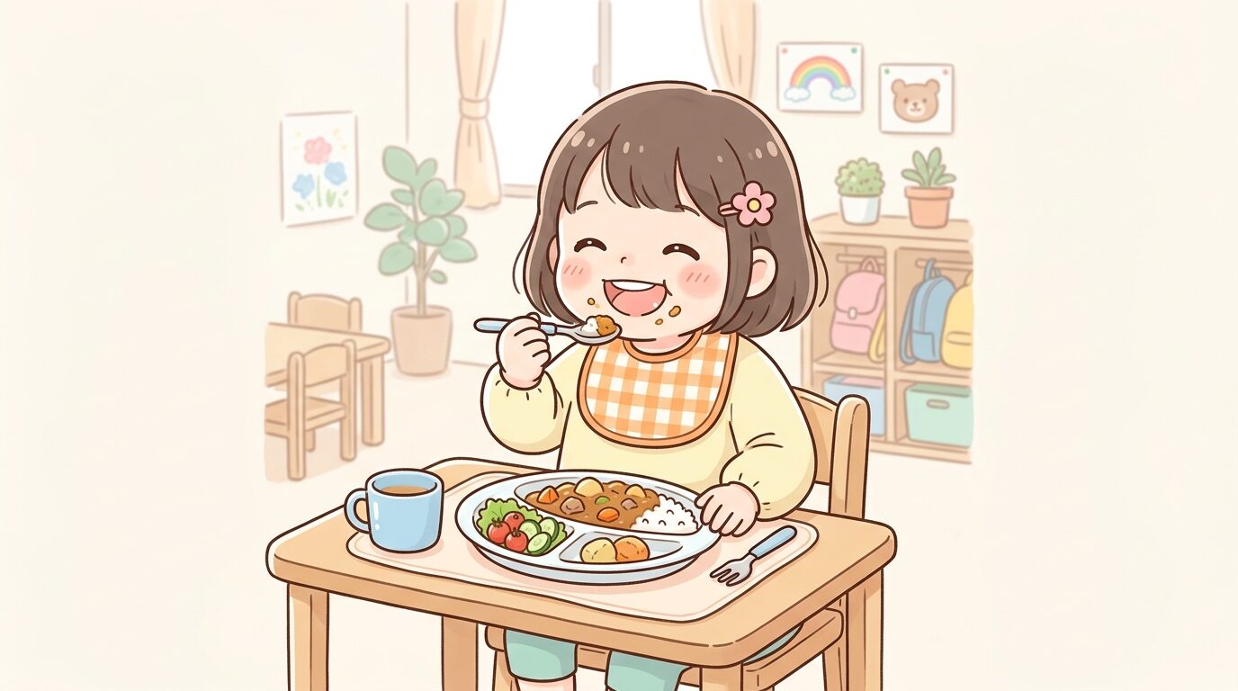保育園の給食で楕円のプレートに盛られたカレーライスとサラダを笑顔で食べる3歳児の女の子