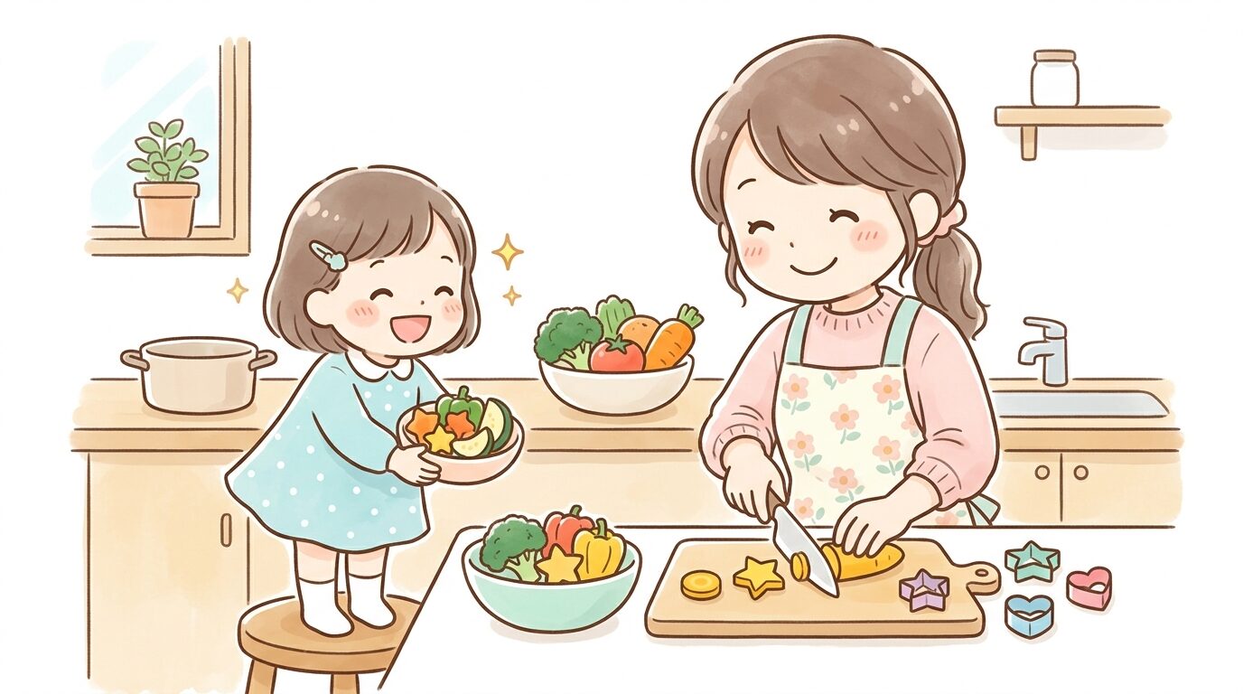 キッチンで星型やハート型に野菜をカットする母親と、それを見て嬉しそうにする3歳児