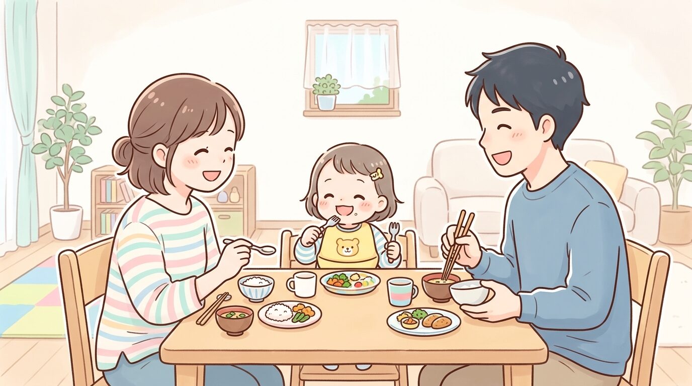 リビングのテーブルで親子が一緒に笑顔で食事をしている温かい家庭の様子