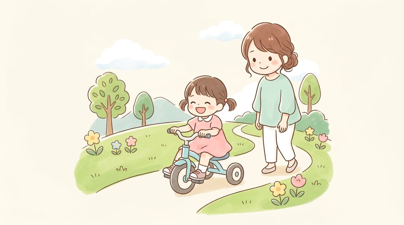 公園の芝生で三輪車に乗って笑顔で遊ぶ3歳くらいの子どもと見守る母親