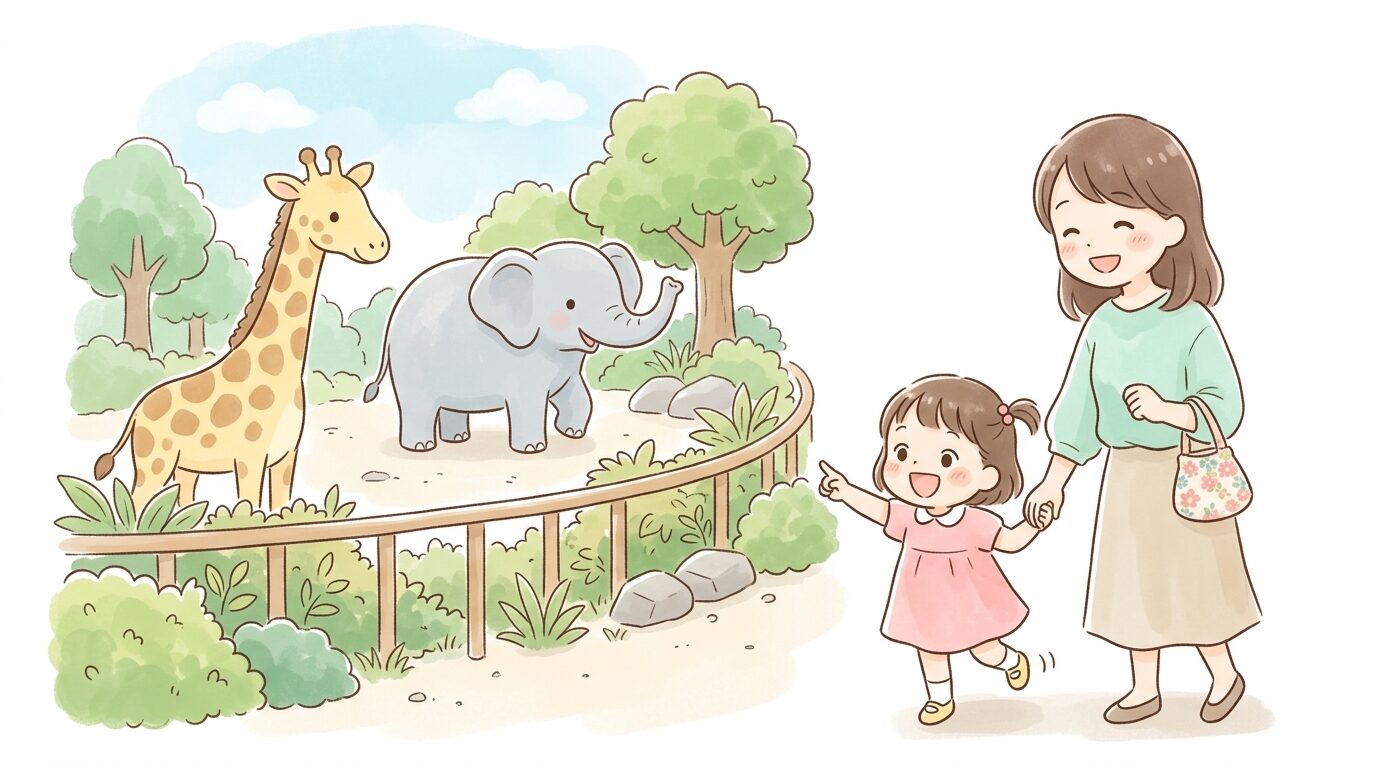 動物園でキリンやゾウを指差しながら興味津々の表情を見せる3歳児と保護者