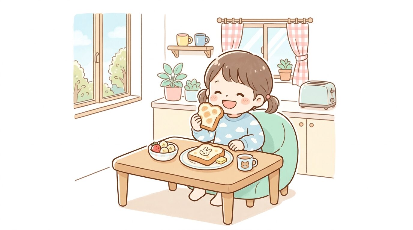 朝の明るいキッチンで3歳くらいの子どもが笑顔でパンを食べている様子