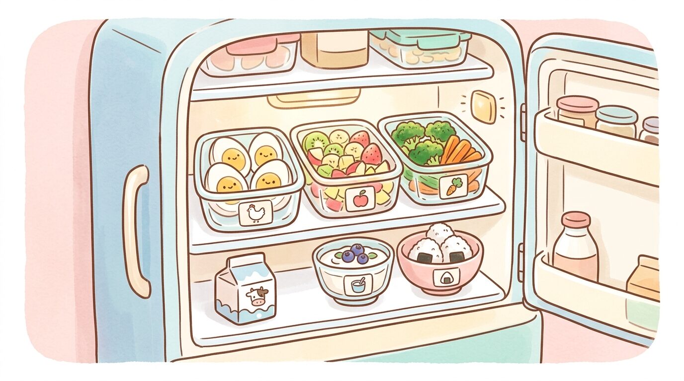 冷蔵庫の中に整理されたゆで卵やカットフルーツなどの作り置き食材