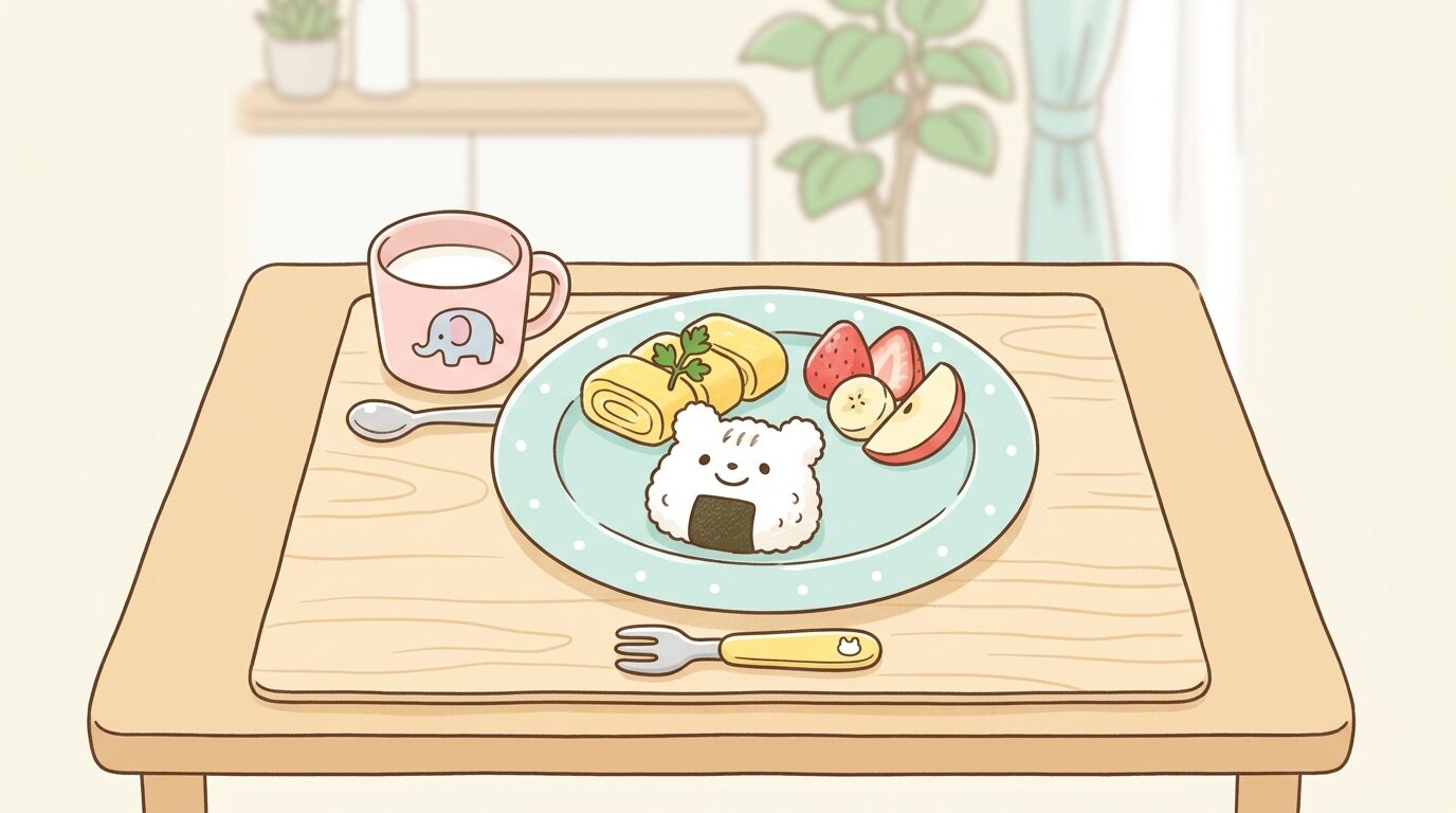 ワンプレートに主食・卵料理・果物が盛り付けられた子ども用の朝食プレート