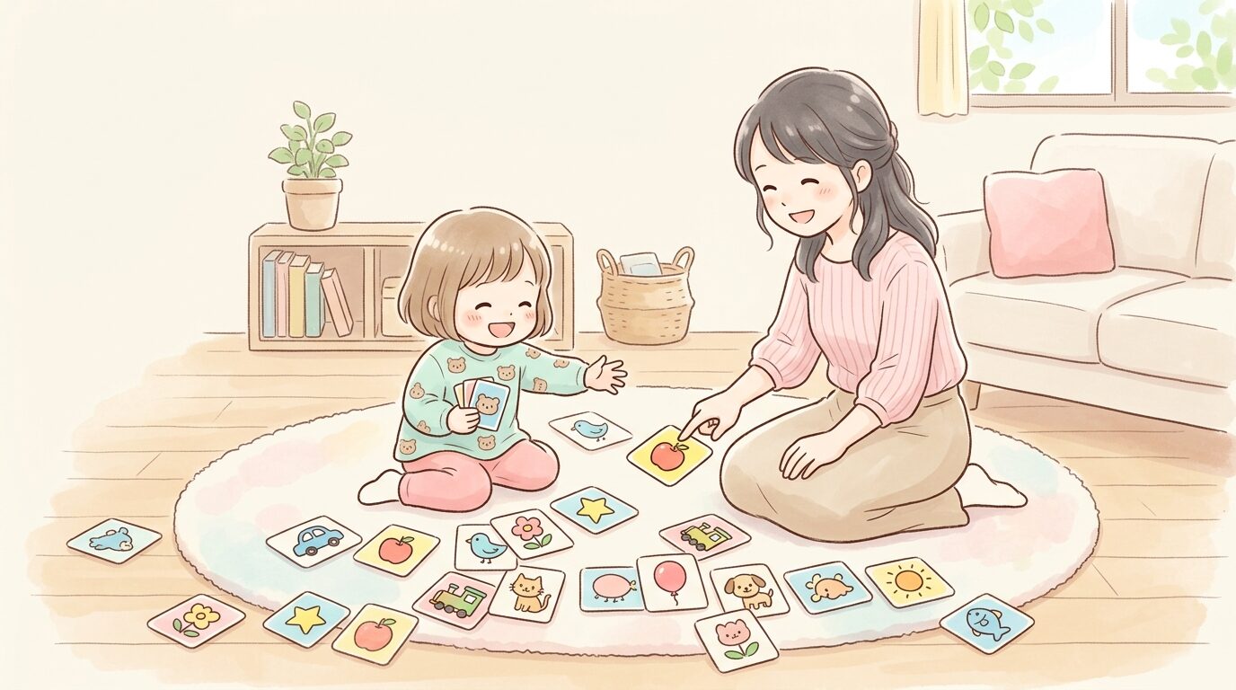 リビングでカラフルな絵カードを並べて楽しそうに遊ぶ3歳児と母親