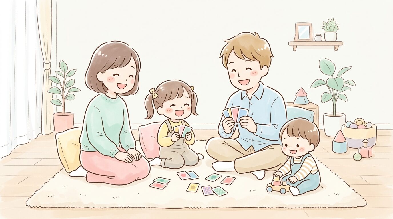 家族4人でリビングの床に座りトランプゲームを囲んで笑顔で遊ぶ様子