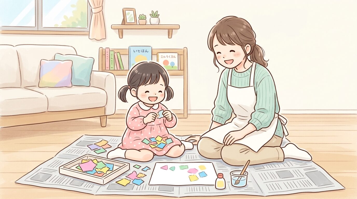 リビングの床に新聞紙を敷いて、色とりどりの折り紙をちぎって遊ぶ3歳児の女の子と見守る母親