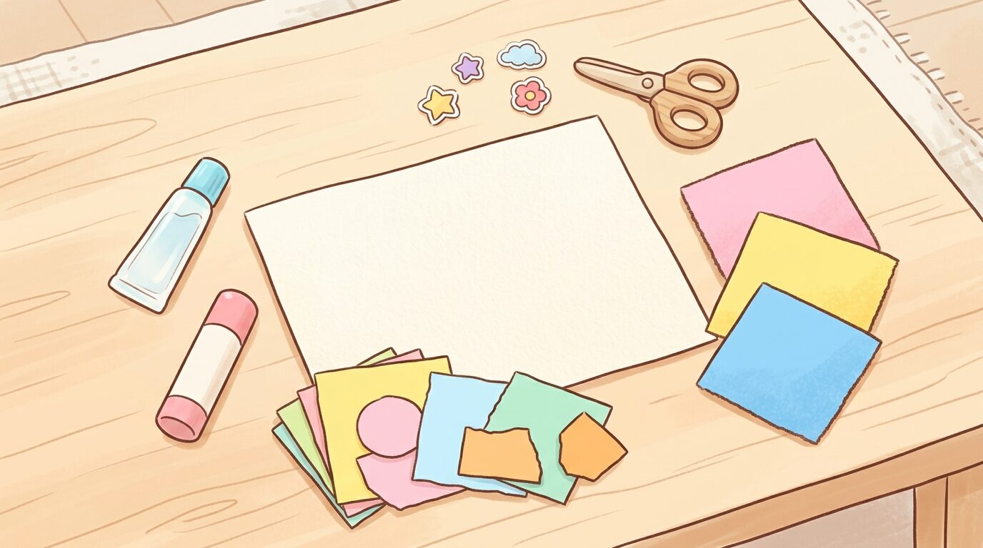 テーブルの上に並んだ折り紙、のり、画用紙などちぎり絵の道具一式を上から撮影した様子