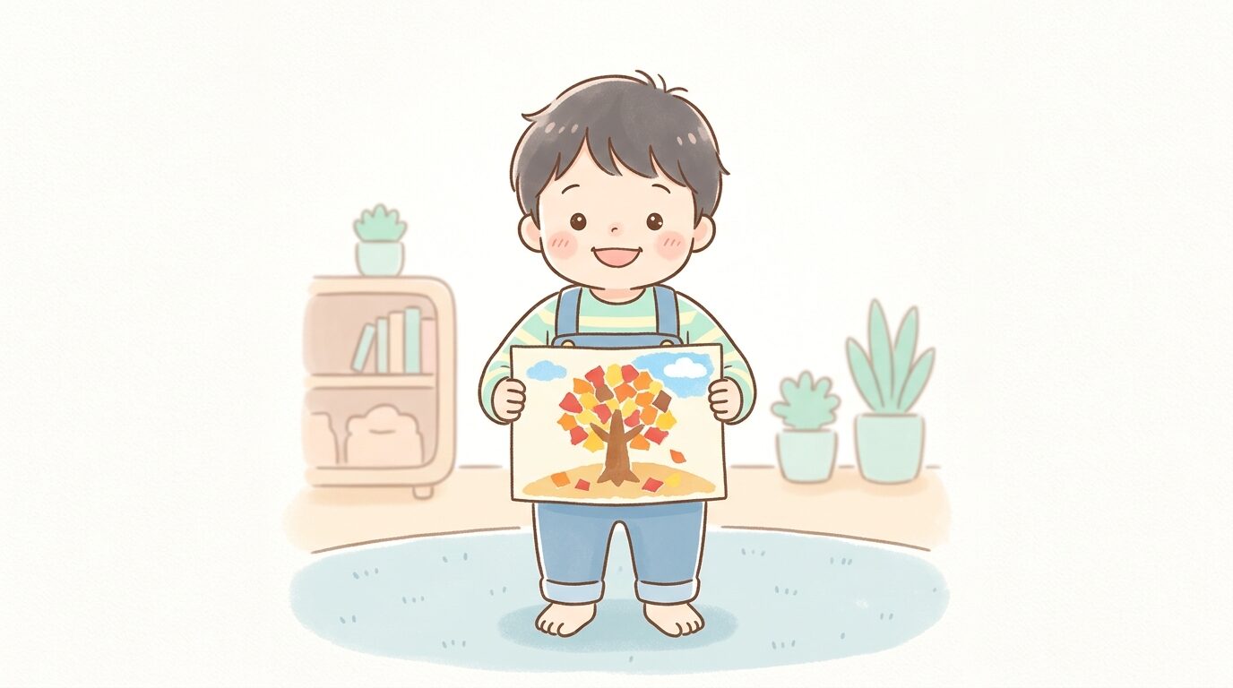 完成した秋の紅葉をテーマにしたちぎり絵作品を嬉しそうに見せる3歳児の男の子