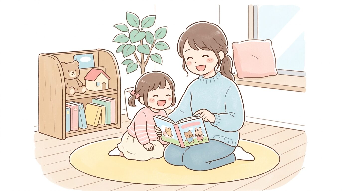 リビングで絵本を読みながら親子で笑い合う3歳くらいの女の子と母親