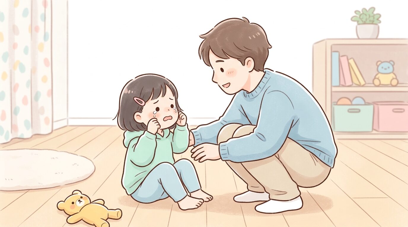 床に座り込んで泣いている3歳児にしゃがんで目線を合わせ優しく話しかける父親