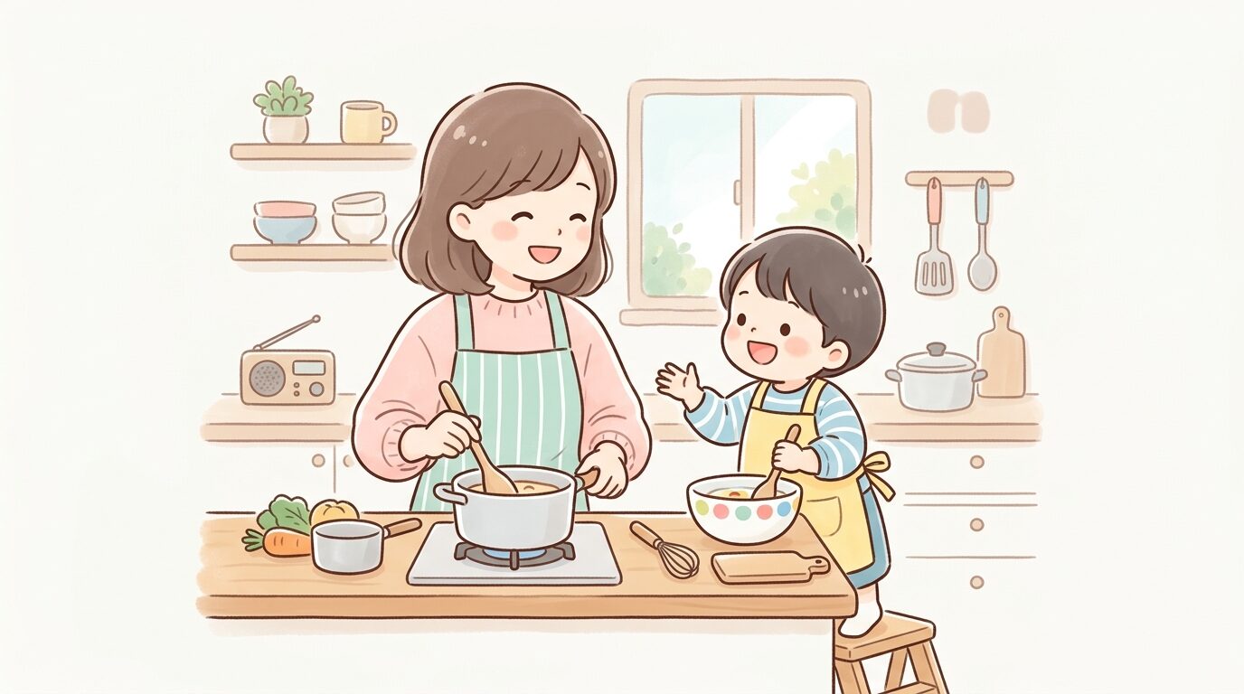 キッチンで一緒に料理をしながら会話を楽しむ親子、温かい家庭の雰囲気
