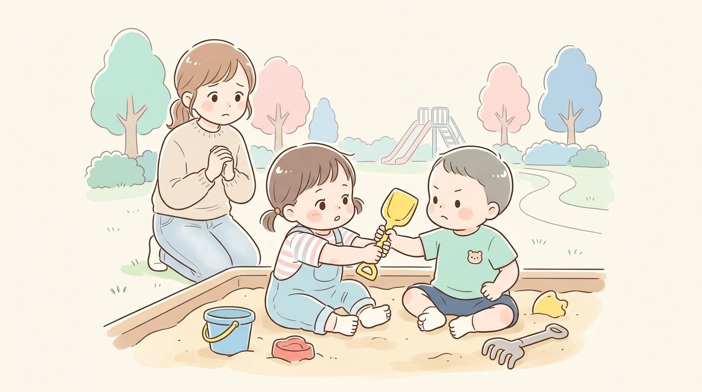 公園の砂場で二人の3歳児がおもちゃのスコップを取り合っている様子、心配そうに見守る母親