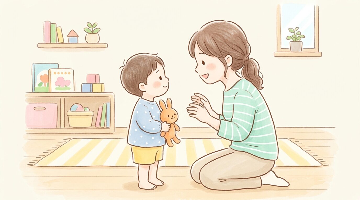 室内で母親が3歳の子どもと目線を合わせて優しく話しかけている温かい雰囲気の写真