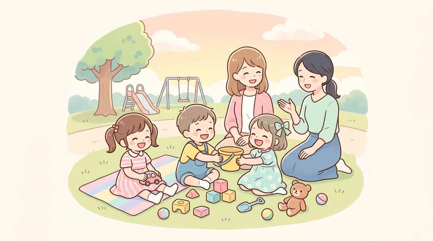 友達親子で公園に集まり子どもたちがおもちゃを一緒に使って楽しそうに遊んでいる様子