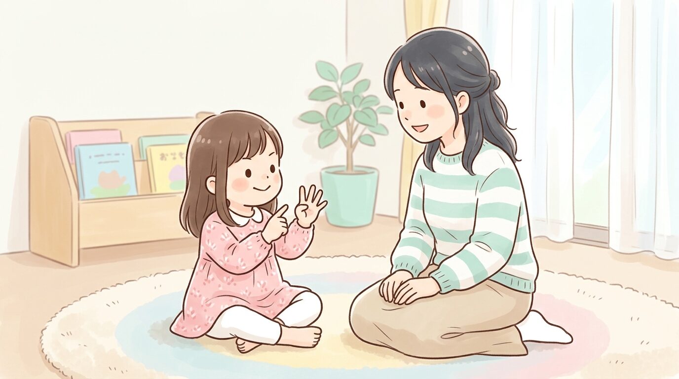 リビングで母親と向かい合い、指を折りながら自分の年齢を伝えようとする3歳児の女の子