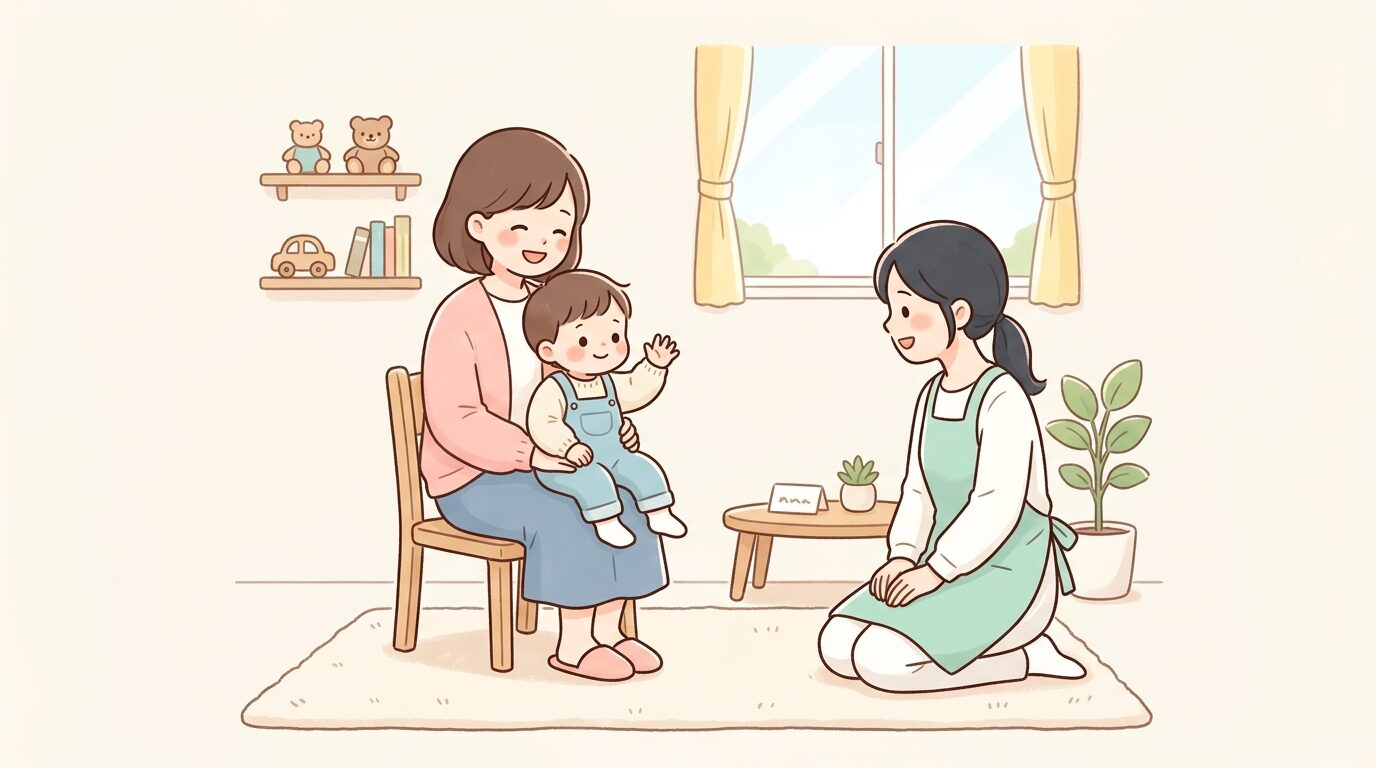 幼稚園の面接室で母親の膝の上に座り、優しく話しかける先生に向かって小さく手を挙げる3歳児